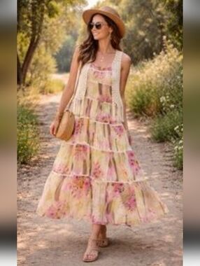 Sundance Floral Maxi 100% silk Dress Whimsical Fairy Sprng Sz.4